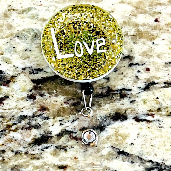 Hand Crafted Accessories - Gold love circle badge reel. Badge pull.